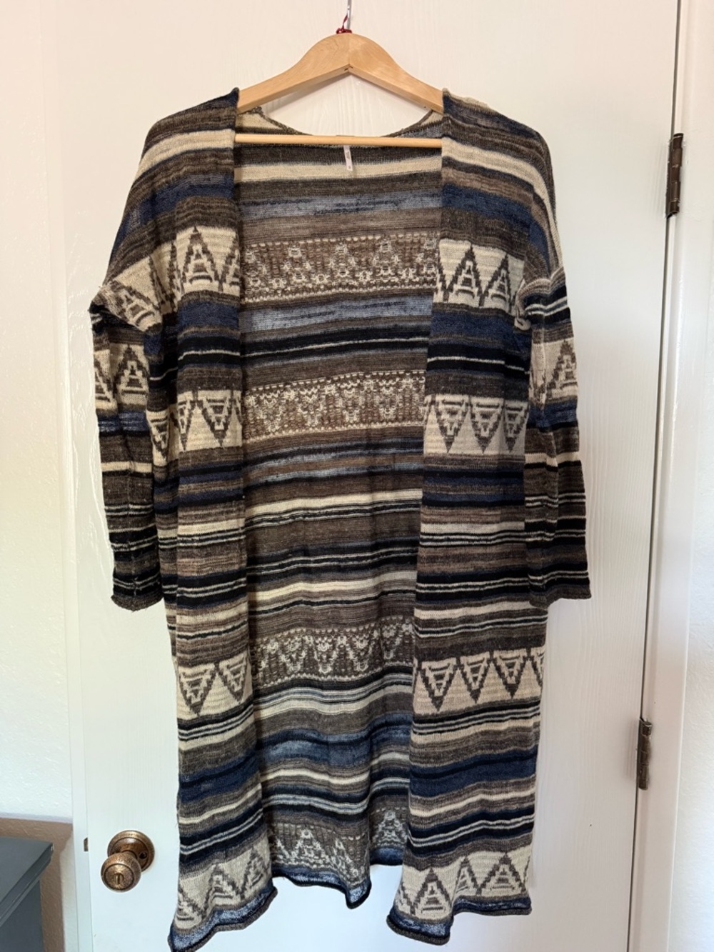 Free People Open-Front Striped Aztec Knit Cardigan - Blue, Brown & Cream